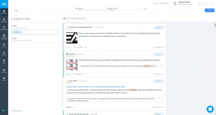 Configure brand social monitoring project in SentiOne tool